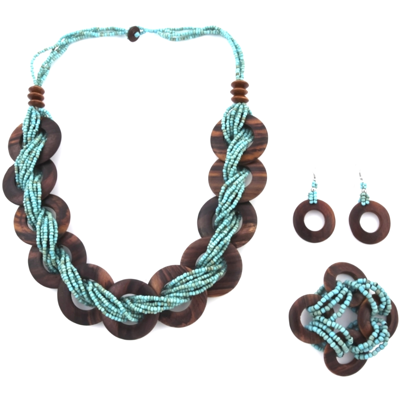 Turquoise & Wooden Beaded Necklace (29 Inches), Stretch Bracelet And Earrings
